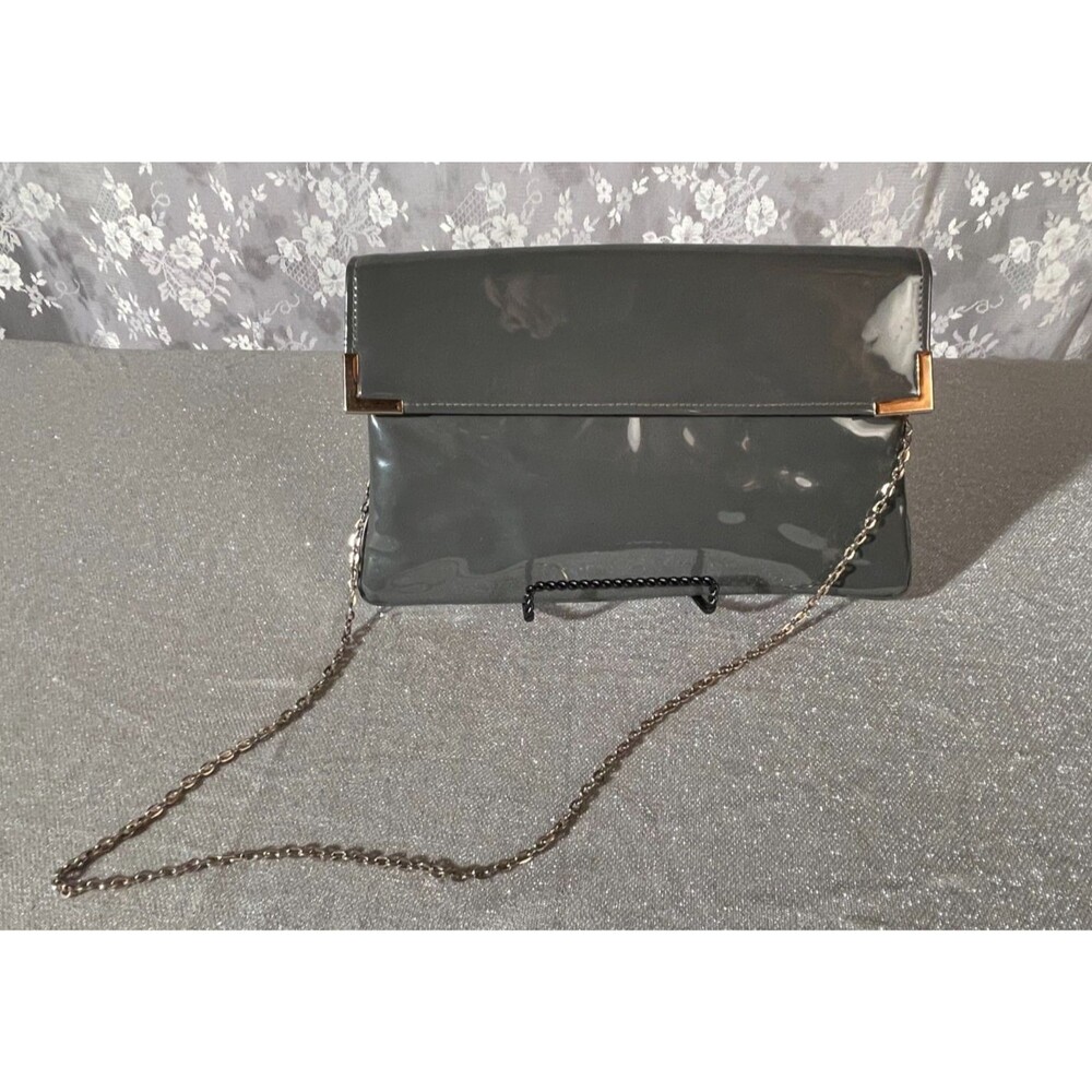 Vintage 70s Grey Purse 1970s Retro Faux Patent Leather Shiny Mod Shoulder Bag